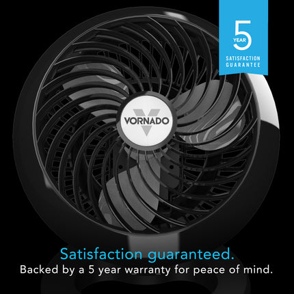 Black Vornado fan with a 5-year satisfaction guarantee badge on a black background