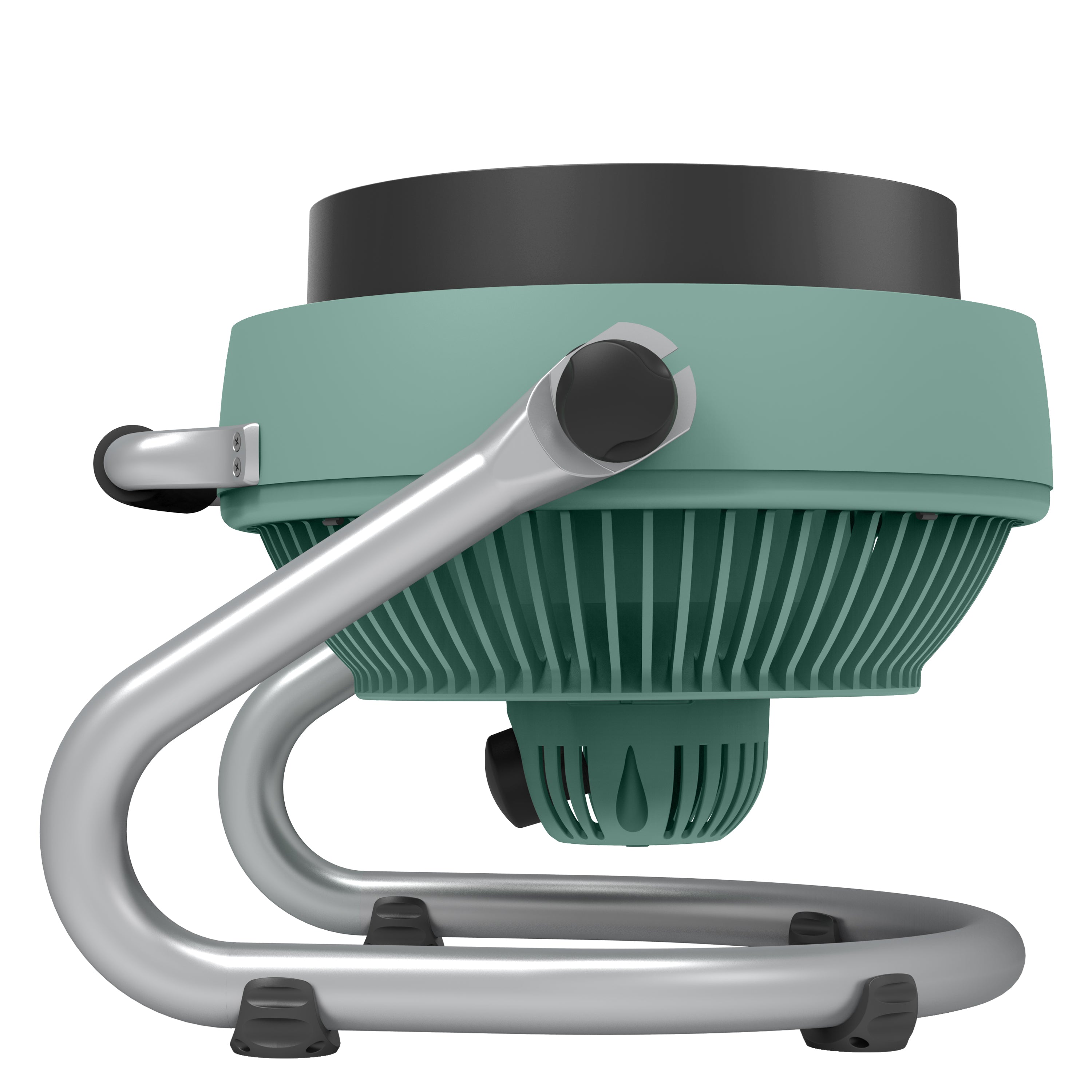 Green and black device with a metallic arm on a white background