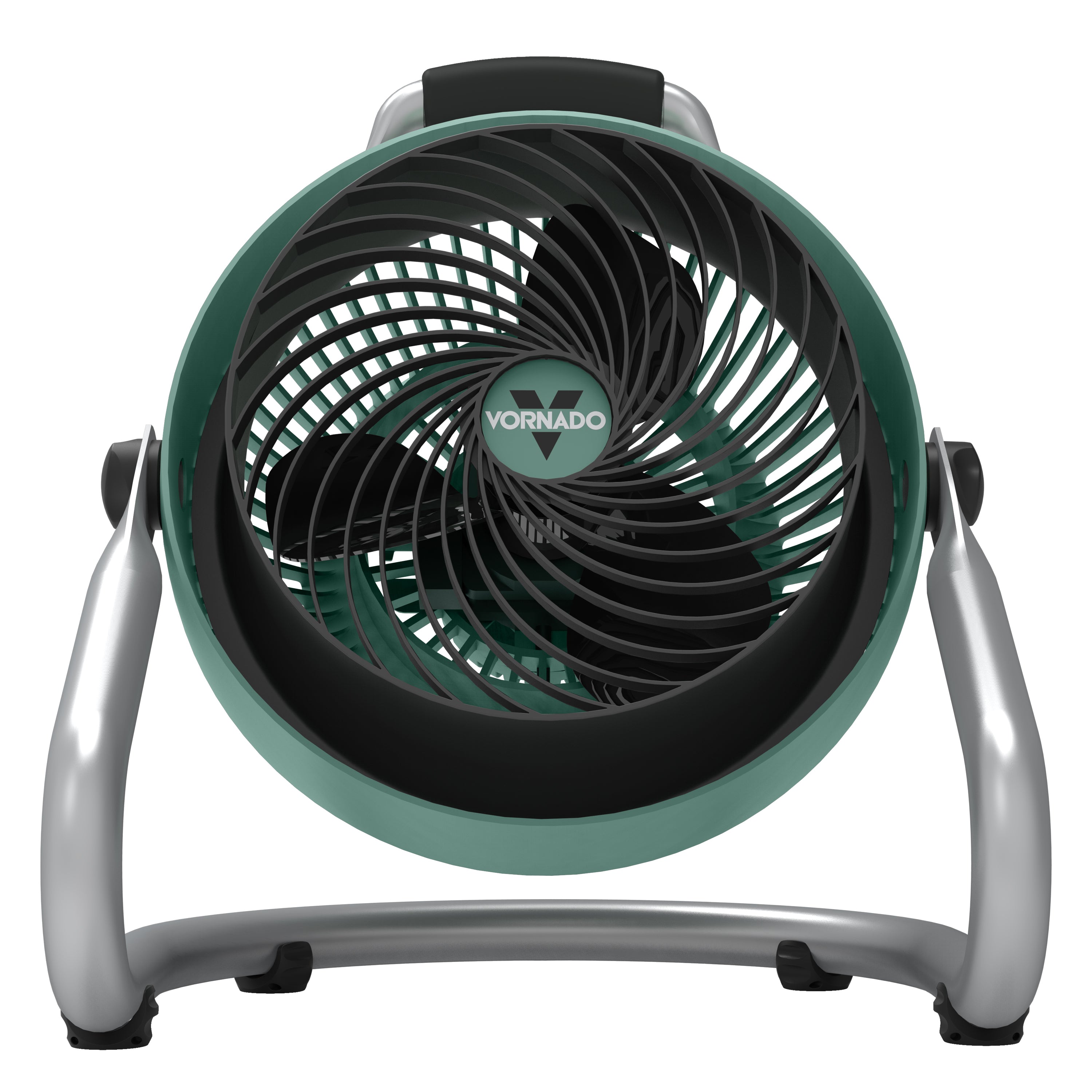 Vornado fan with black blades and silver frame on a white background