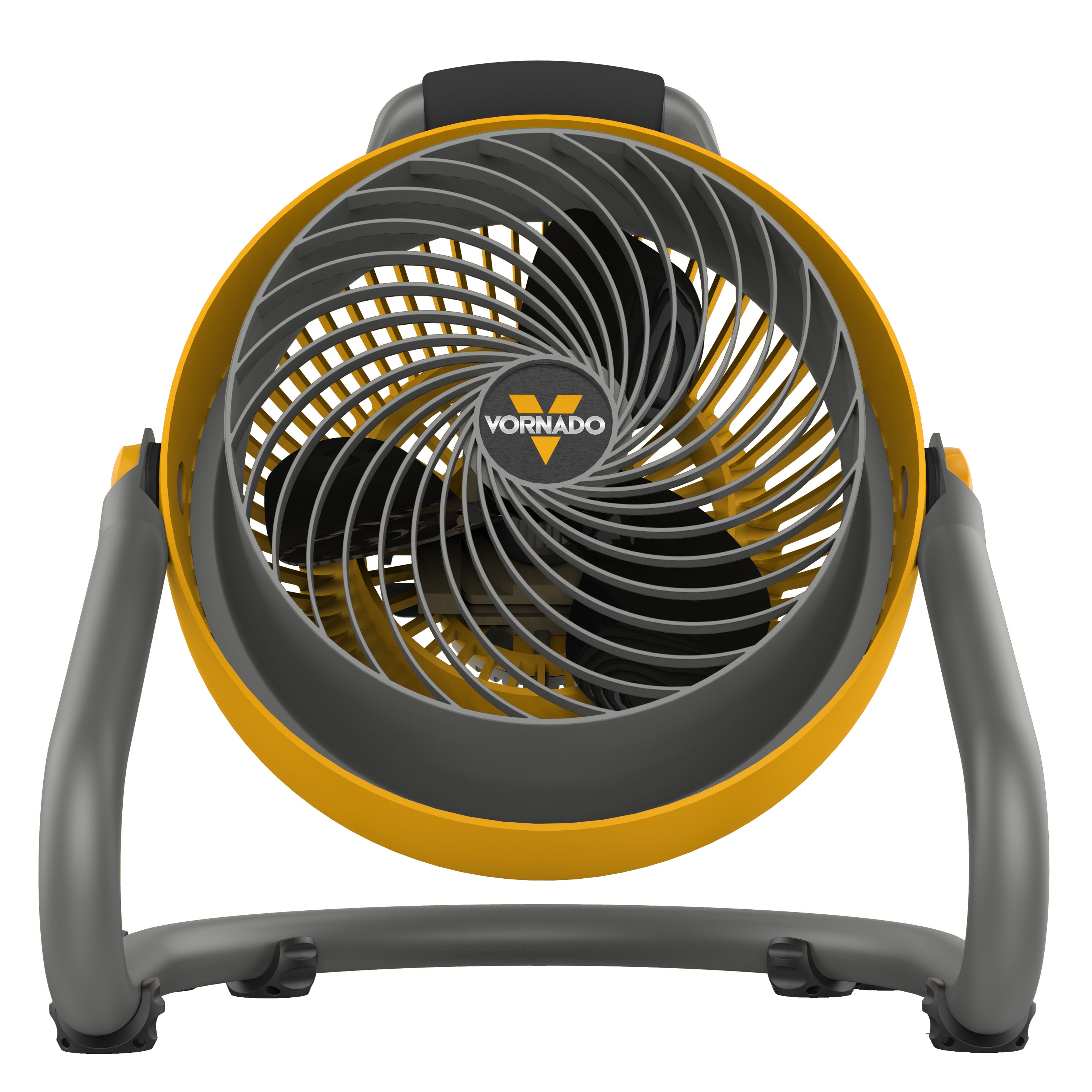 Vornado fan with yellow and gray design on a white background