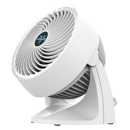 White fan with a brand logo on a white background