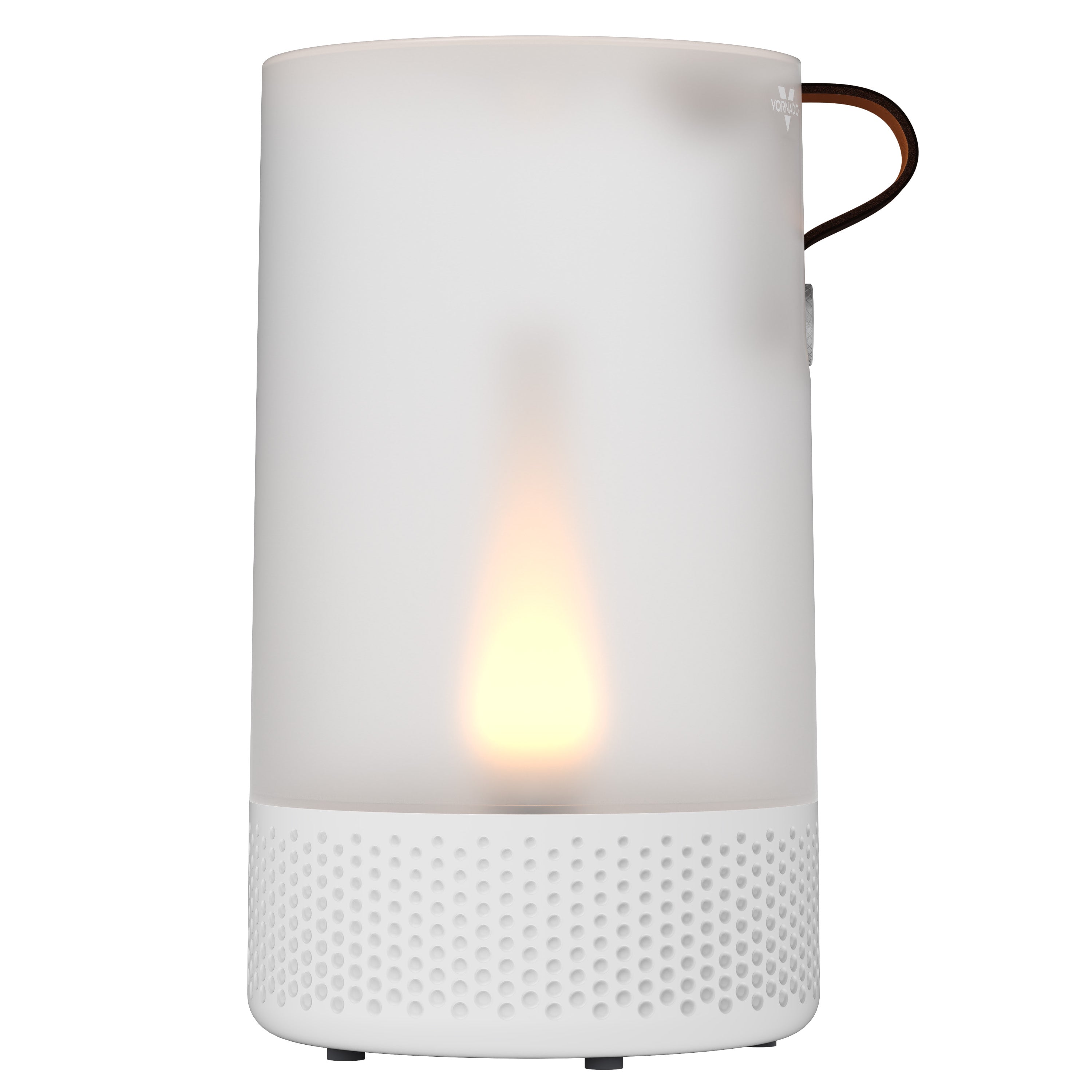 White cylindrical lamp with a small flame on a white background