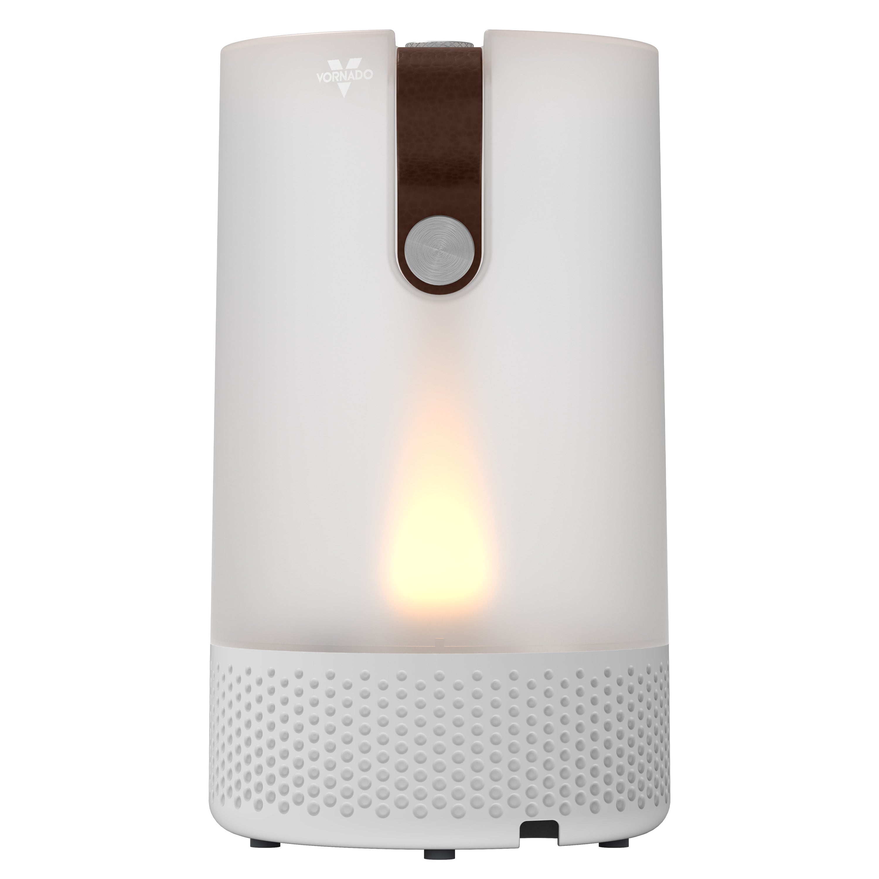 White cylindrical device with a flame-like light on a white background