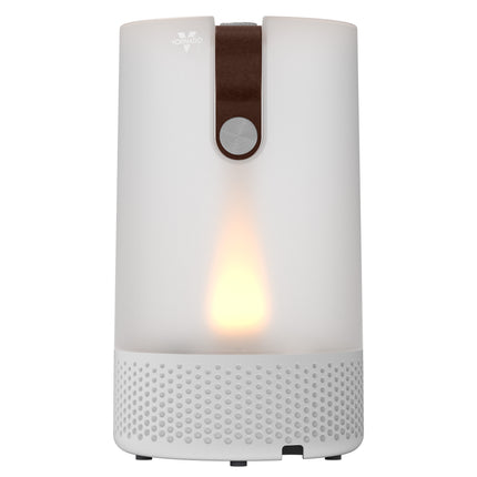 White cylindrical device with a flame-like light on a white background