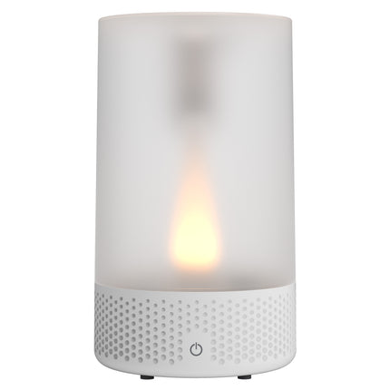 White flameless candle with a glowing center on a white background