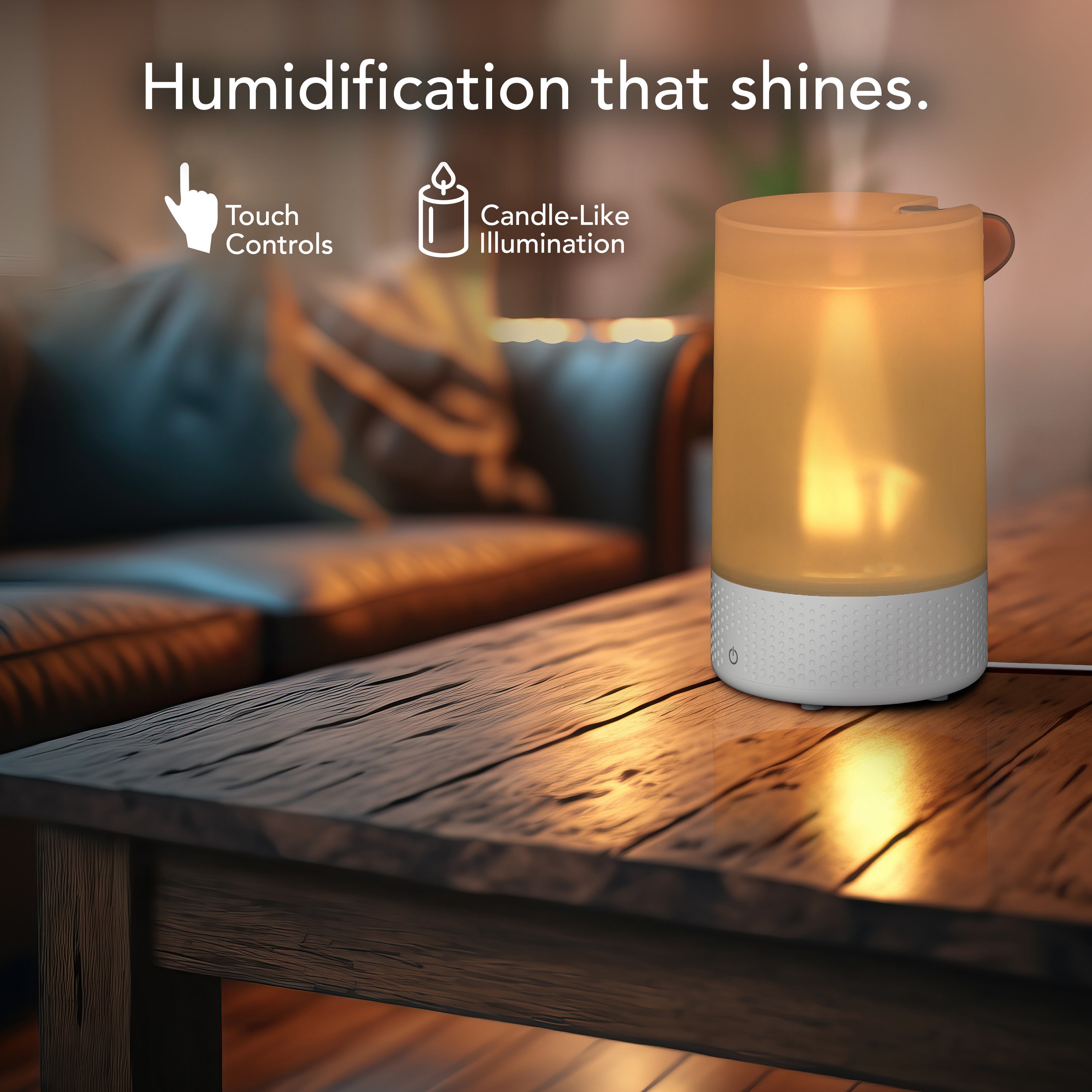 Humidifier with candle-like illumination on a wooden table, surrounded by a cozy living room setting.