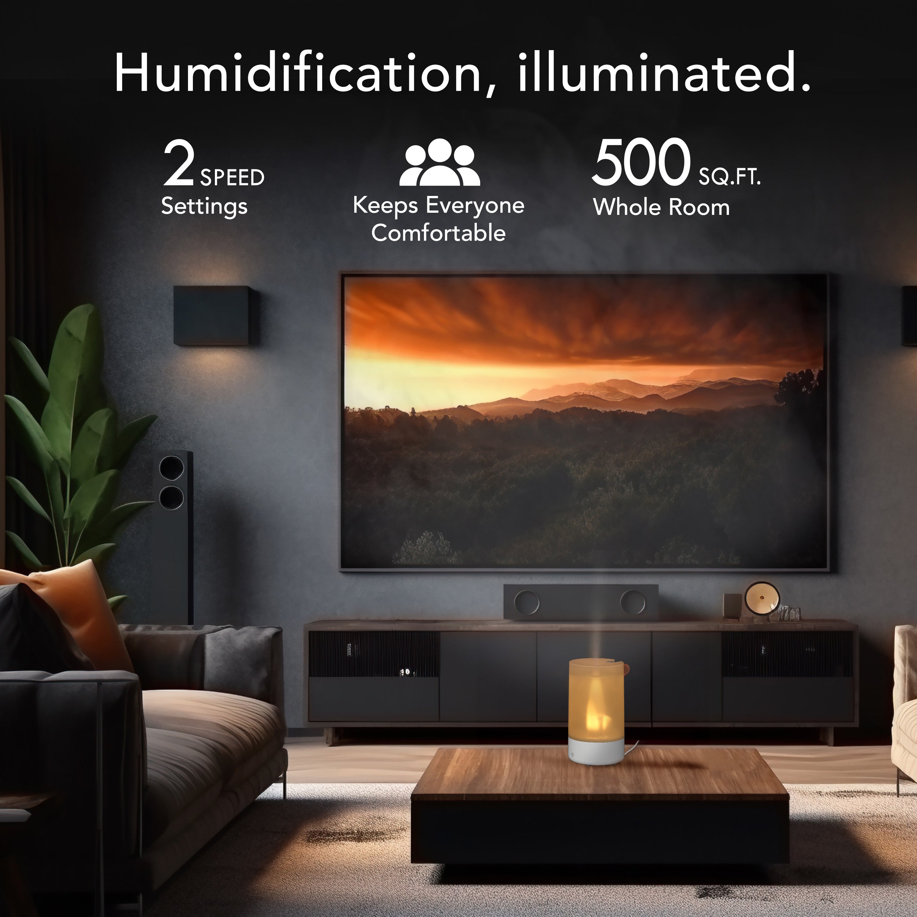 Living room with a large TV displaying a scenic image, featuring humidifier product on a wooden table.