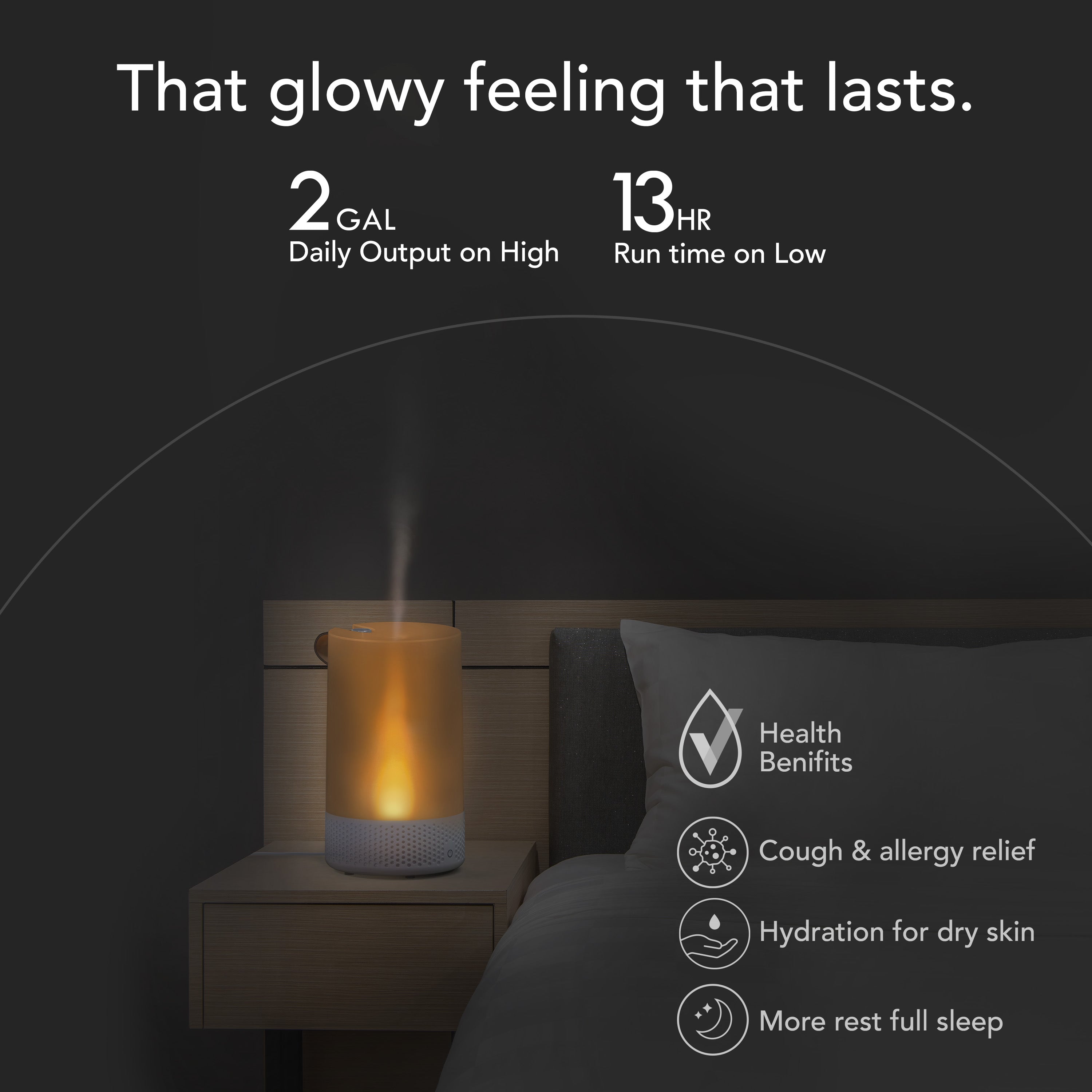 Humidifier on a nightstand with text highlighting features and benefits in a bedroom setting.