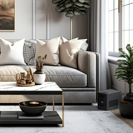 Modern living room with a gray sofa, coffee table, and decorative items.
