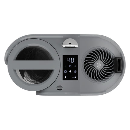 Gray humidifier with digital display on a white background