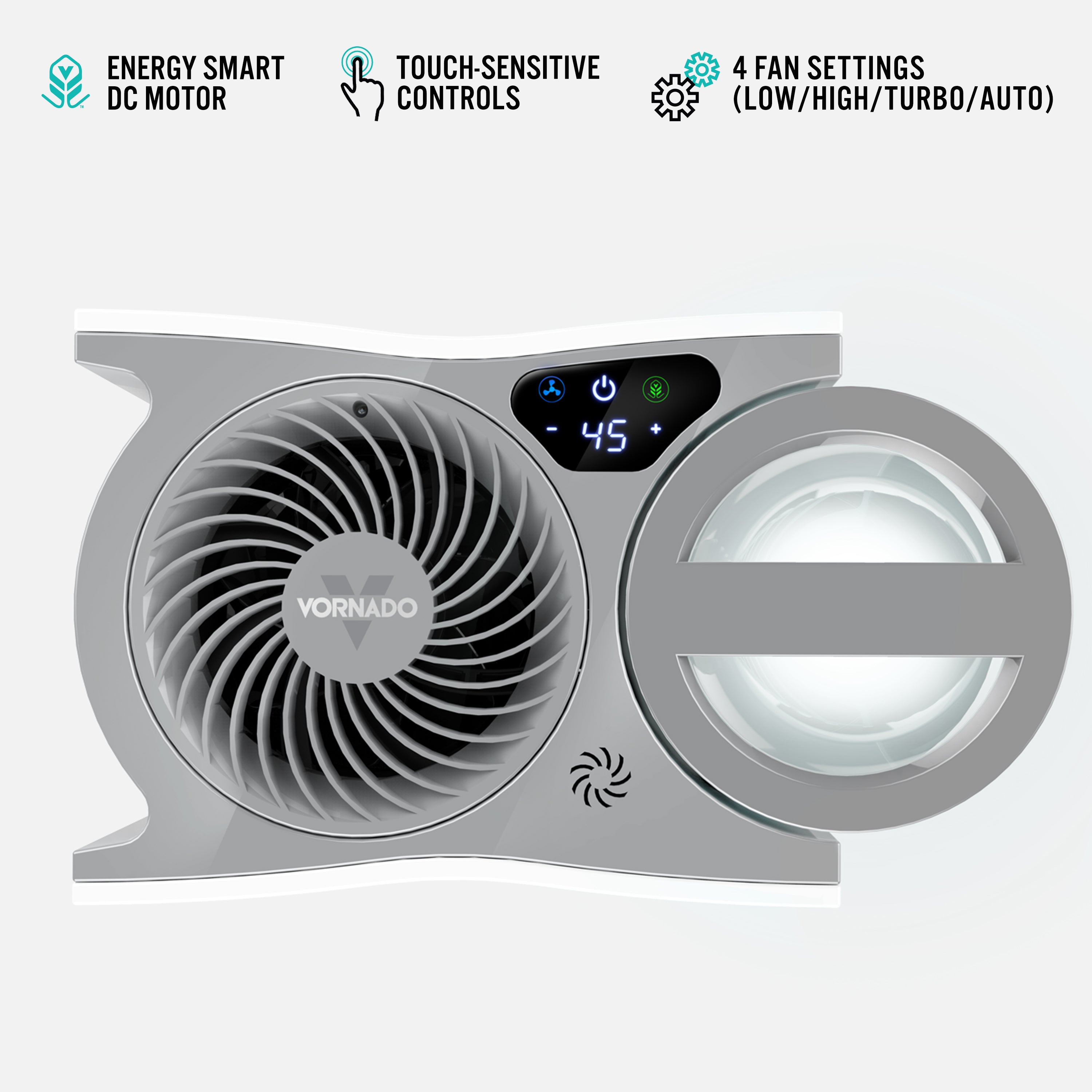 Vornado humidifier with energy smart DC motor, touch-sensitive controls, and 4 fan settings on a white background.