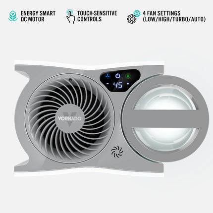 Vornado humidifier with energy smart DC motor, touch-sensitive controls, and 4 fan settings on a white background.