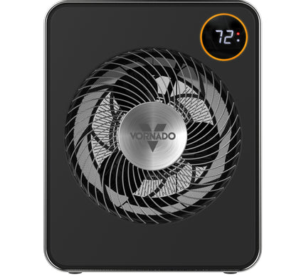 Stainless Steel Vornado heater with digital display on a white background