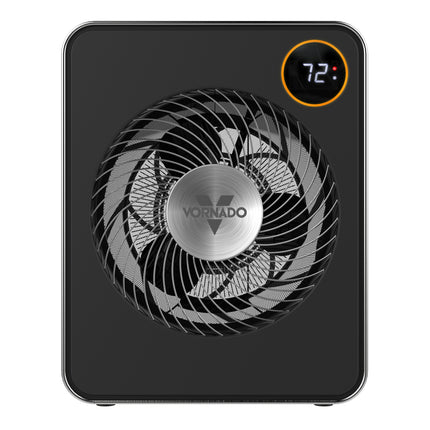 Black Vornado heater with digital display on a white background