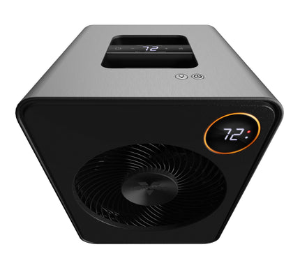 Black and gray space heater with digital display on a white background
