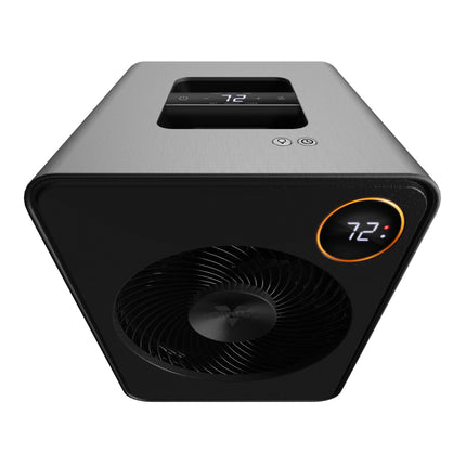 Black and gray heater with digital display on a white background