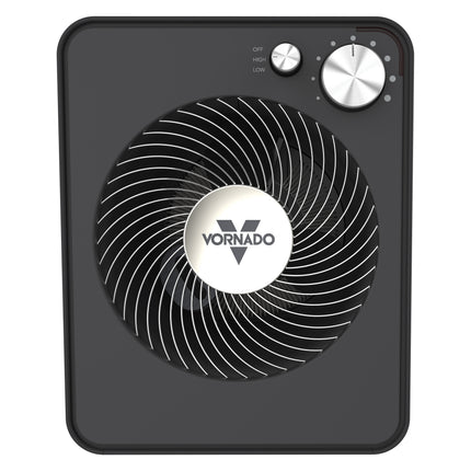 Gray Vornado electric heater with control knobs on a white background