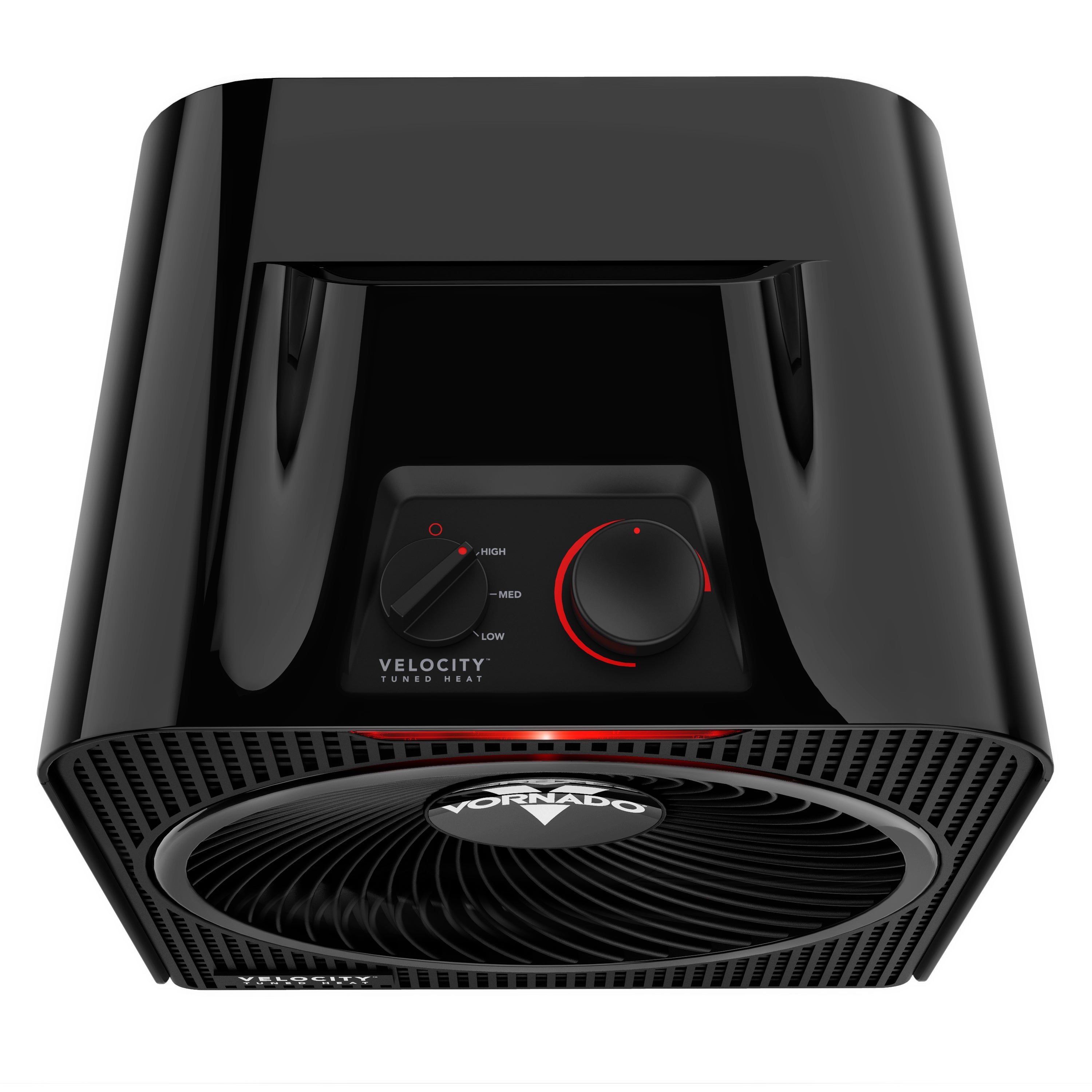 Black space heater with control panel on a white background
