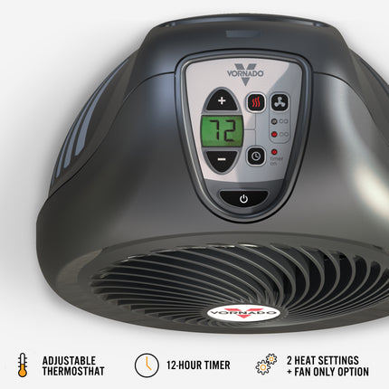 Vornado portable heater with digital display and control panel on a white background