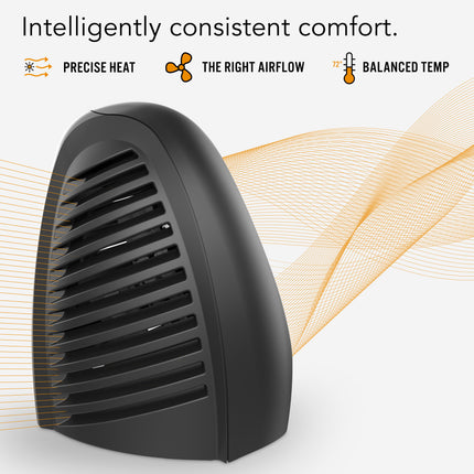 Black fan with airflow on a white background, featuring text about precise heat, right airflow, and balanced temp.
