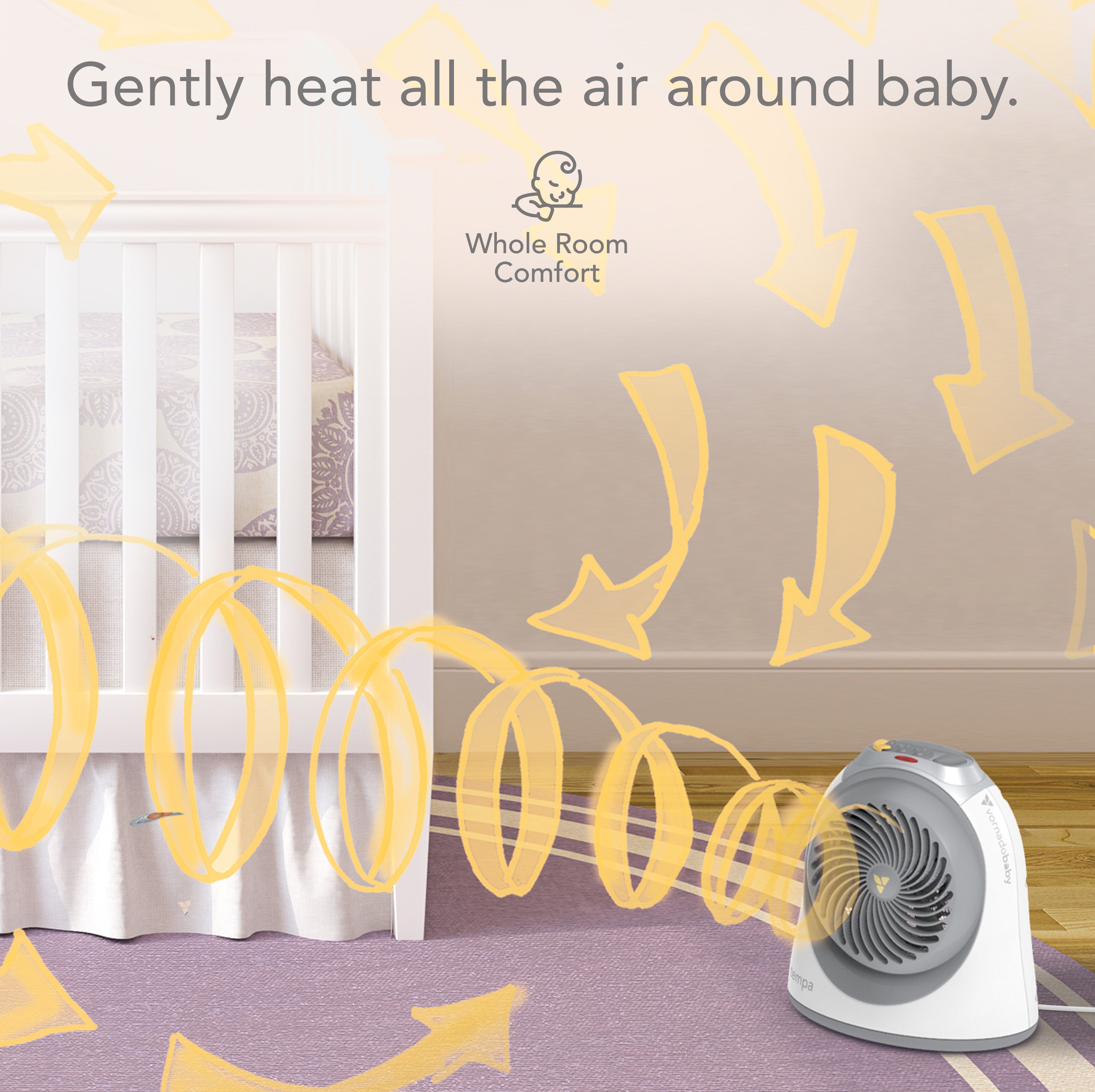 heater with the text gently heat all the air around the baby