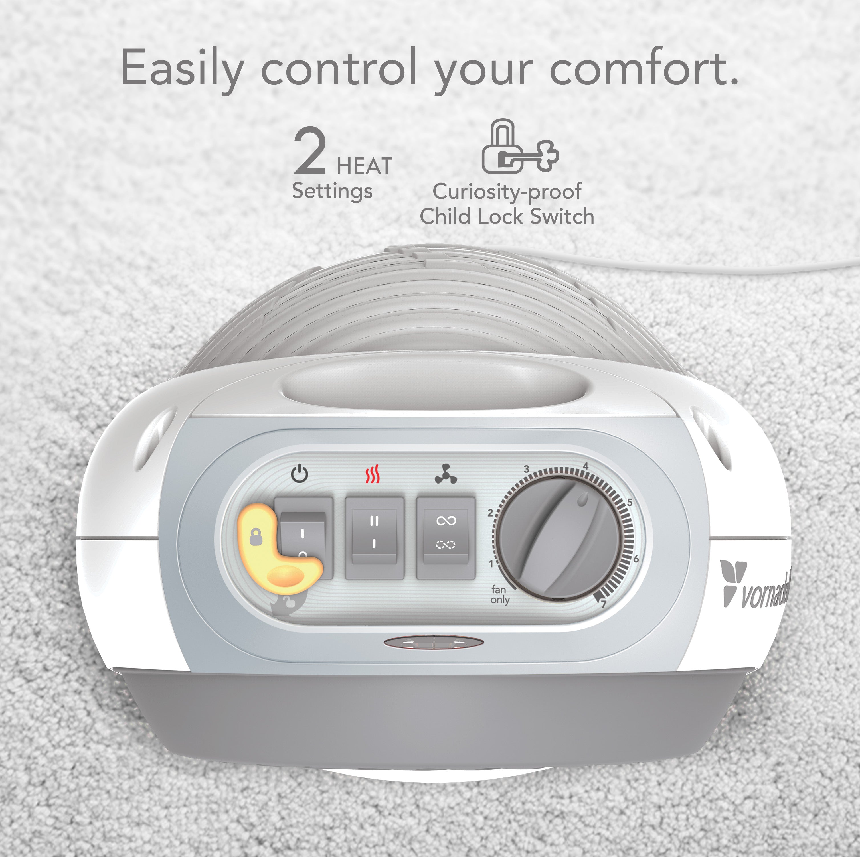 top of a space heater with logos saying 2 heat settings and child lock switch