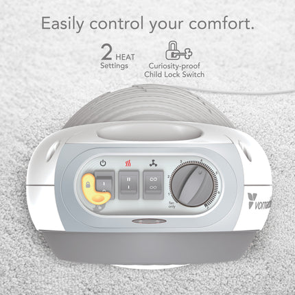 top of a space heater with logos saying 2 heat settings and child lock switch