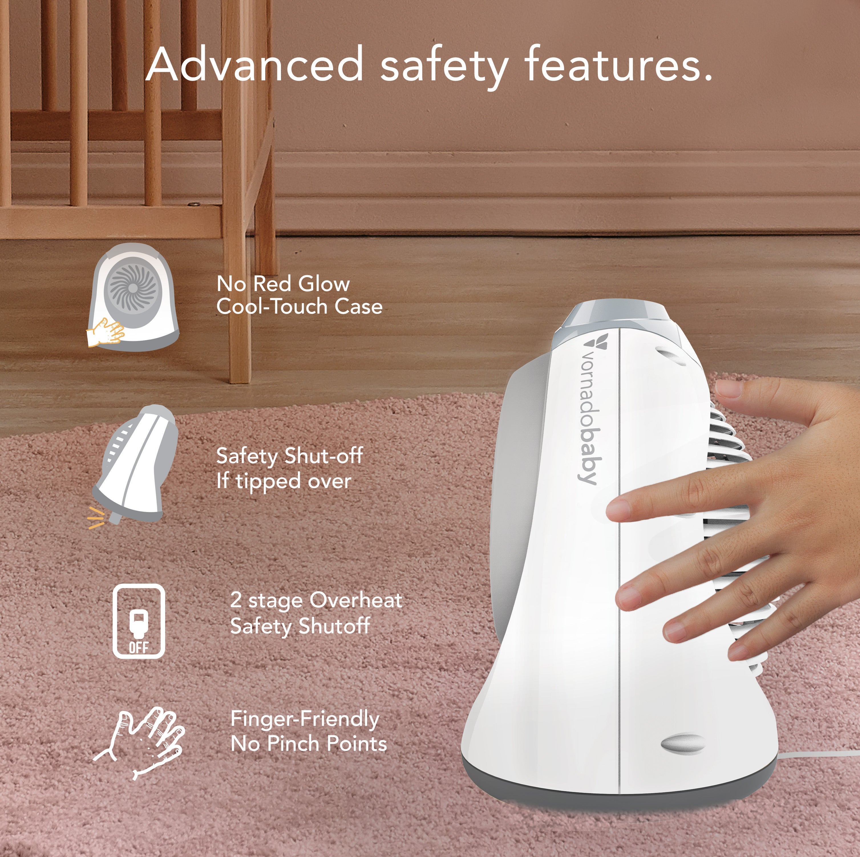 A hand touching a heater showing the advanced safety features shown in the text.