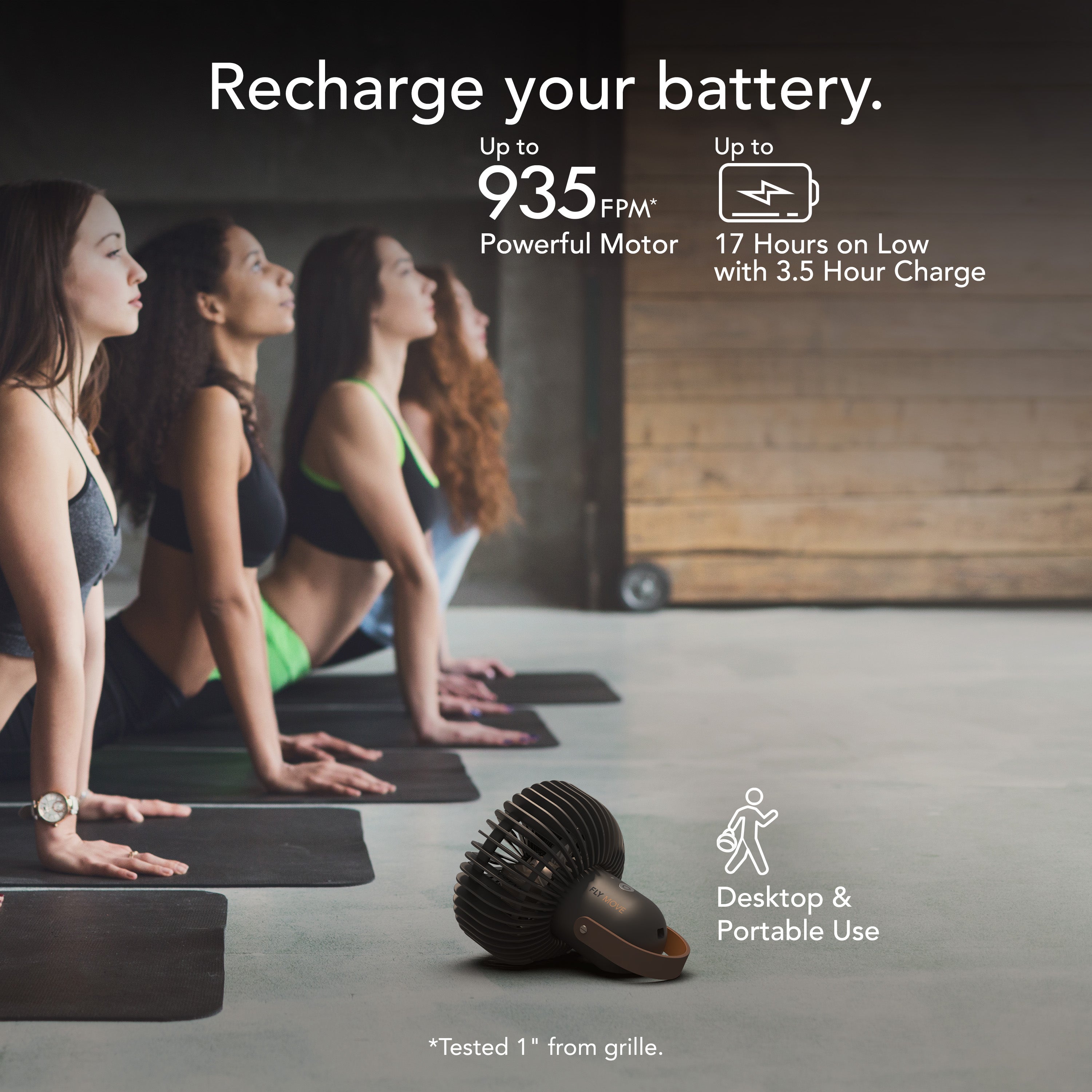 People practicing yoga with a product on the floor, featuring text about battery recharge and product features.