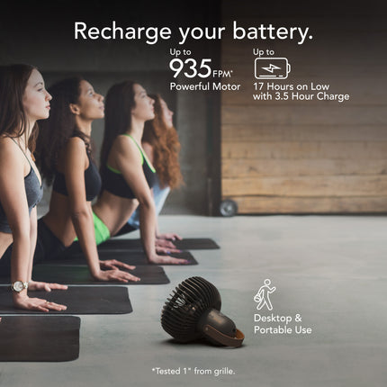 People practicing yoga with a product on the floor, featuring text about battery recharge and product features.