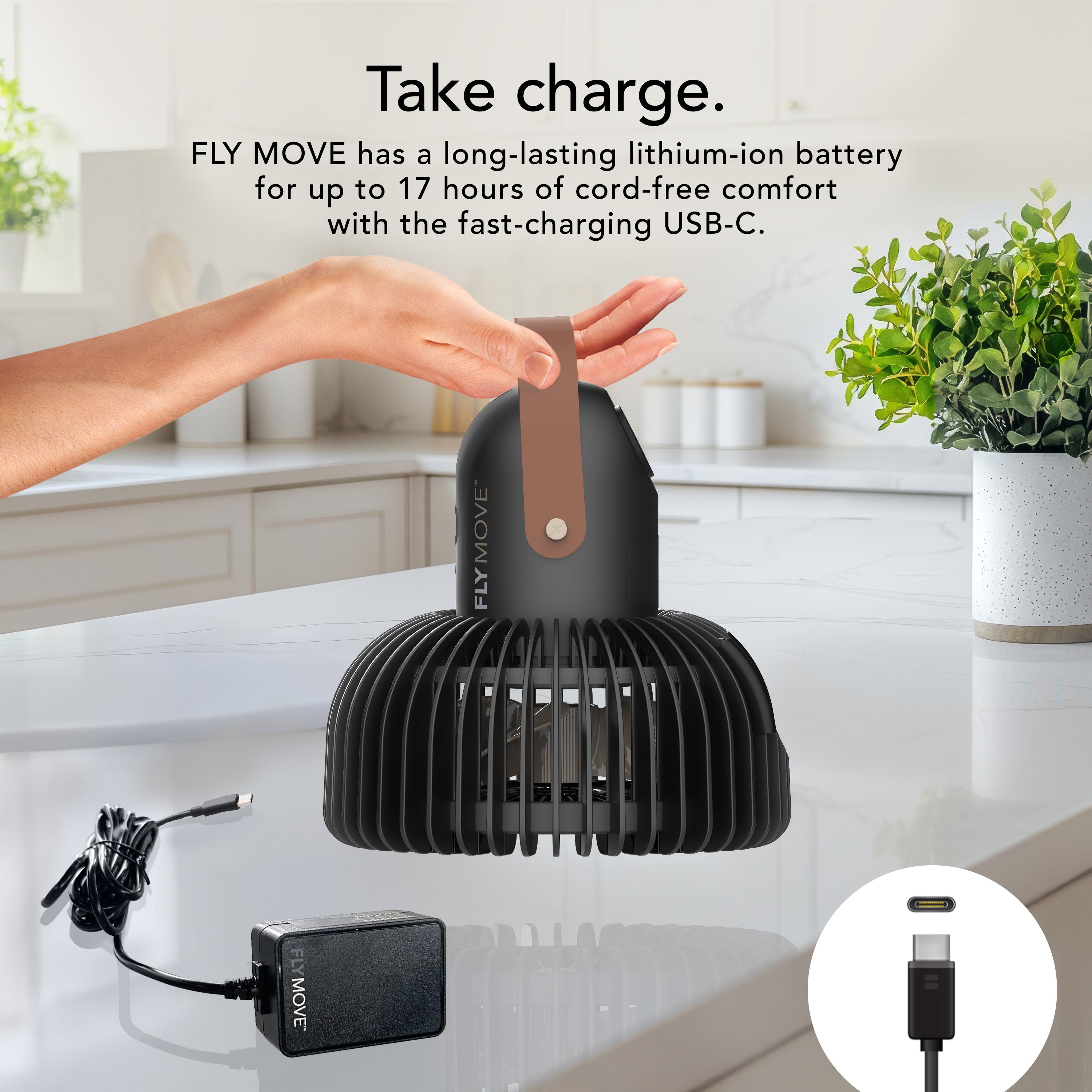 Black portable fan with USB-C cable on a kitchen counter, with text about battery life and charging.