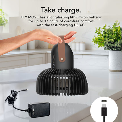 Black portable fan with USB-C cable on a kitchen counter, with text about battery life and charging.