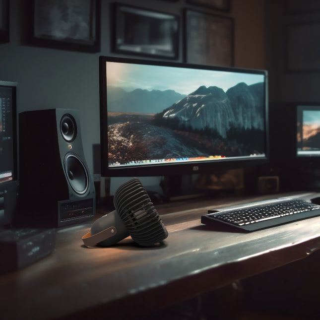 Computer setup with monitor, keyboard, mouse, and speakers on a desk.