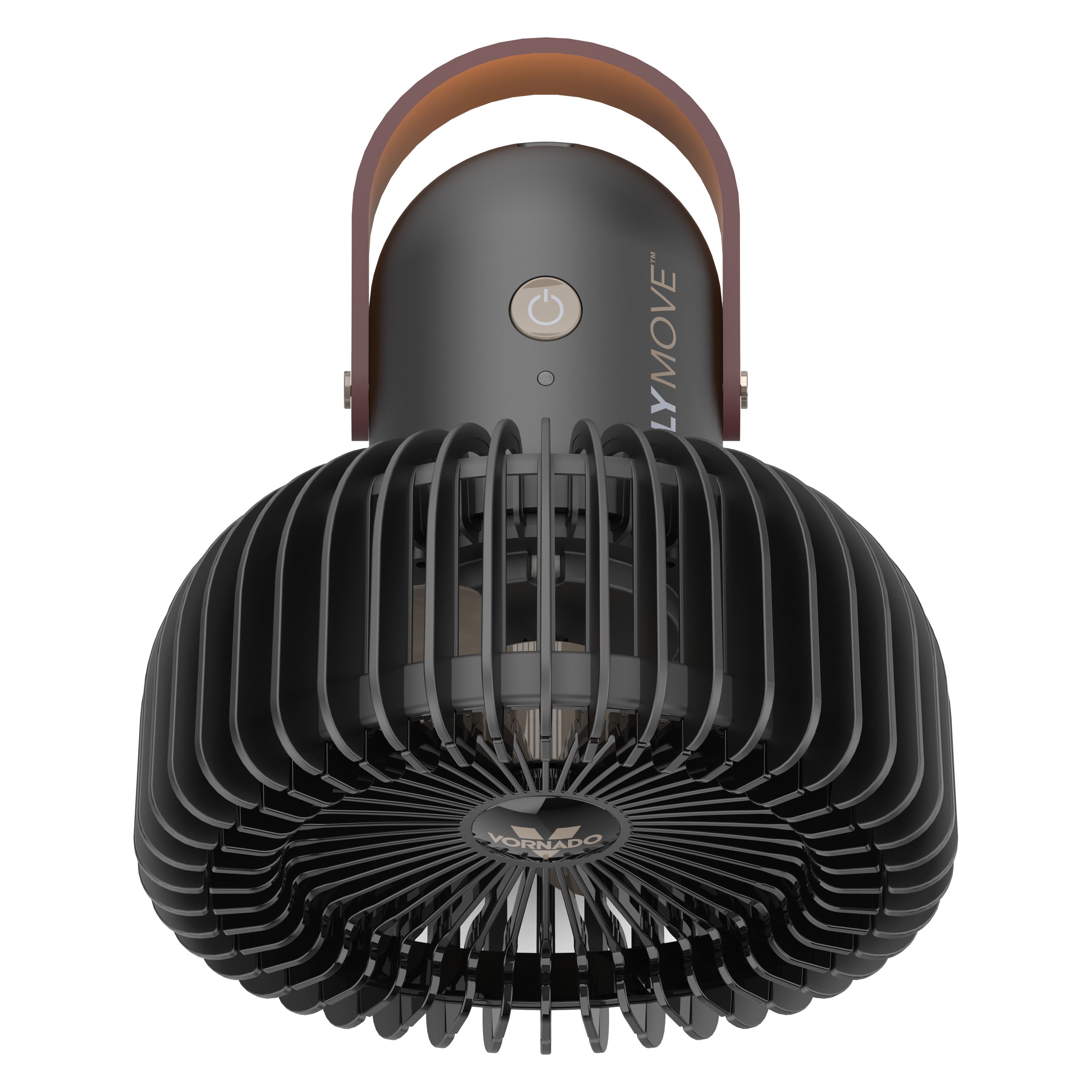 Black handheld fan with brown handle on a white background