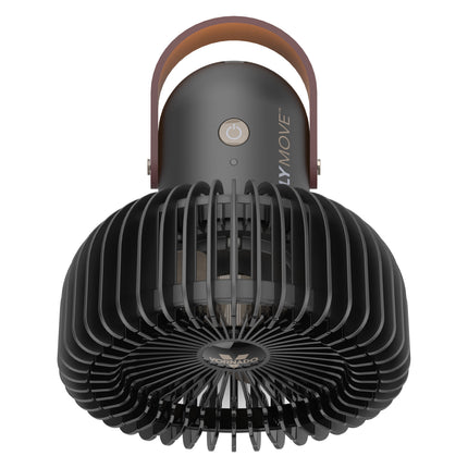 Black handheld fan with brown handle on a white background