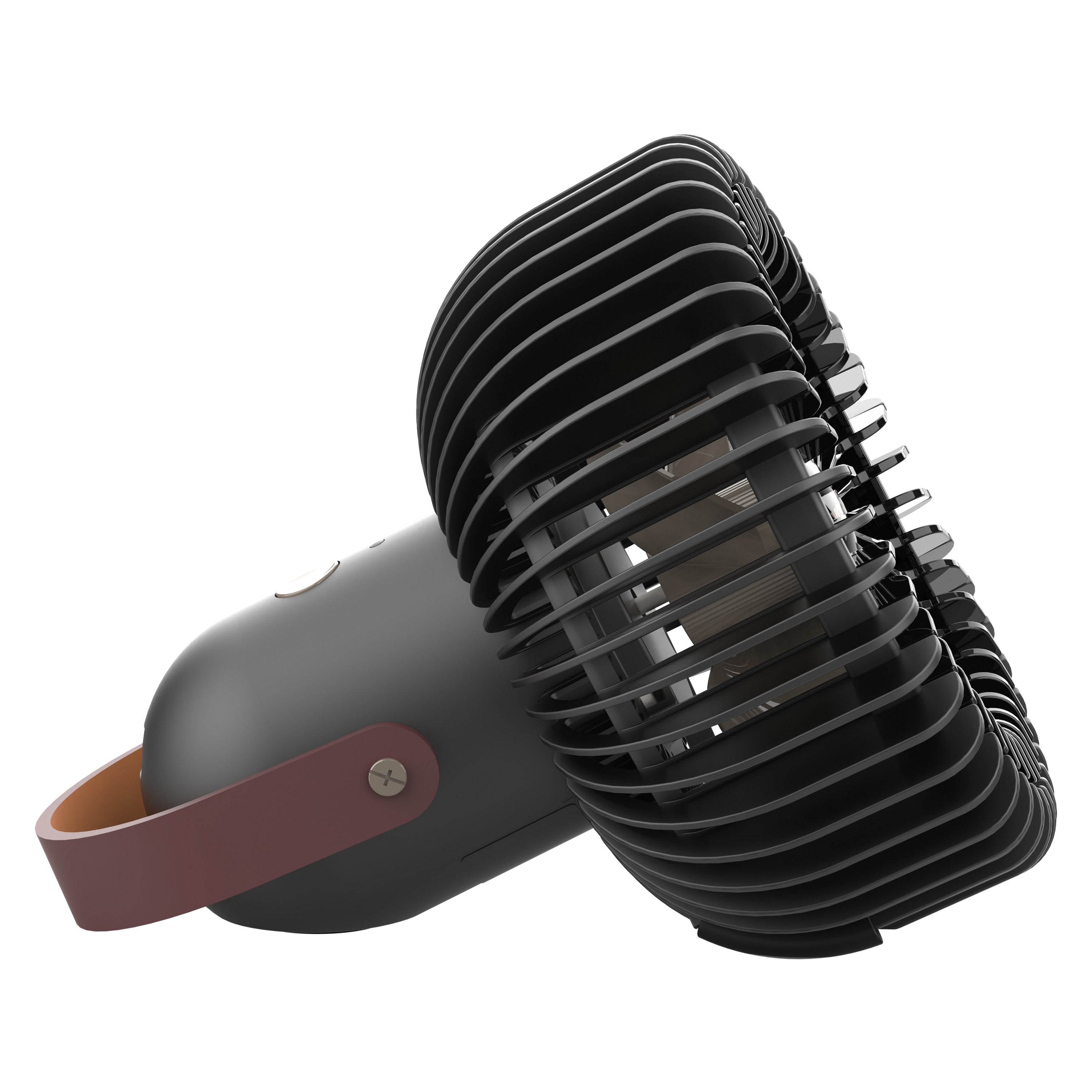 Black handheld fan on a white background