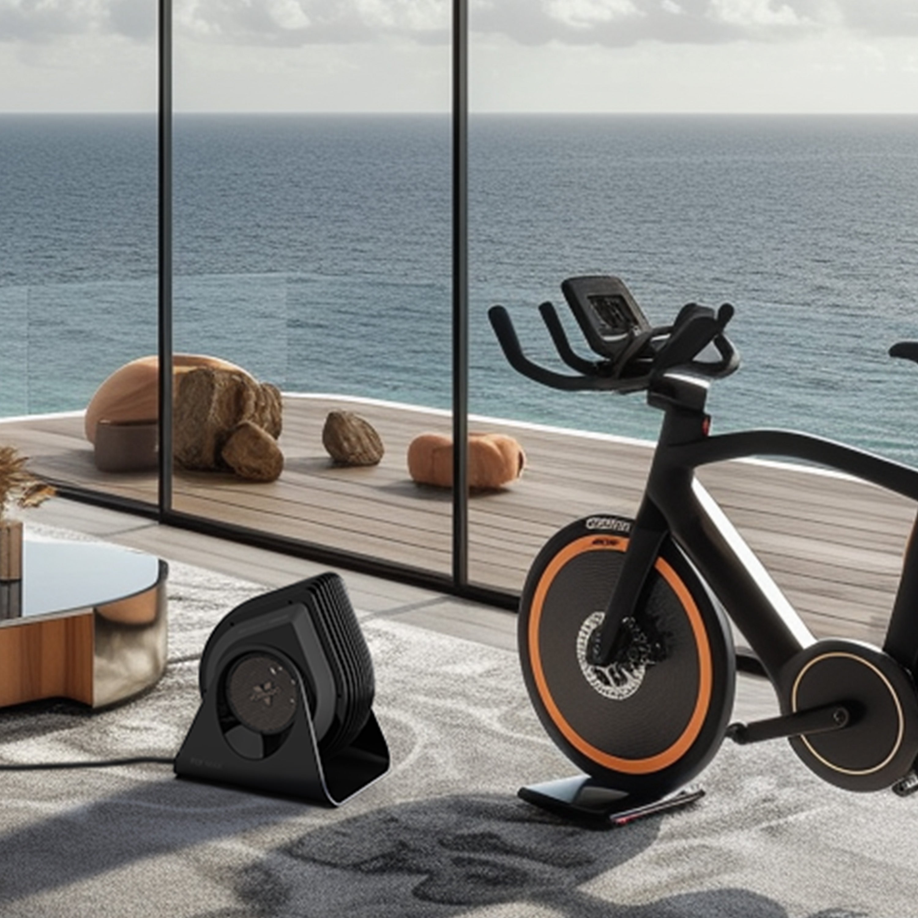 Exercise bike with fan on a rug by a large window with ocean view