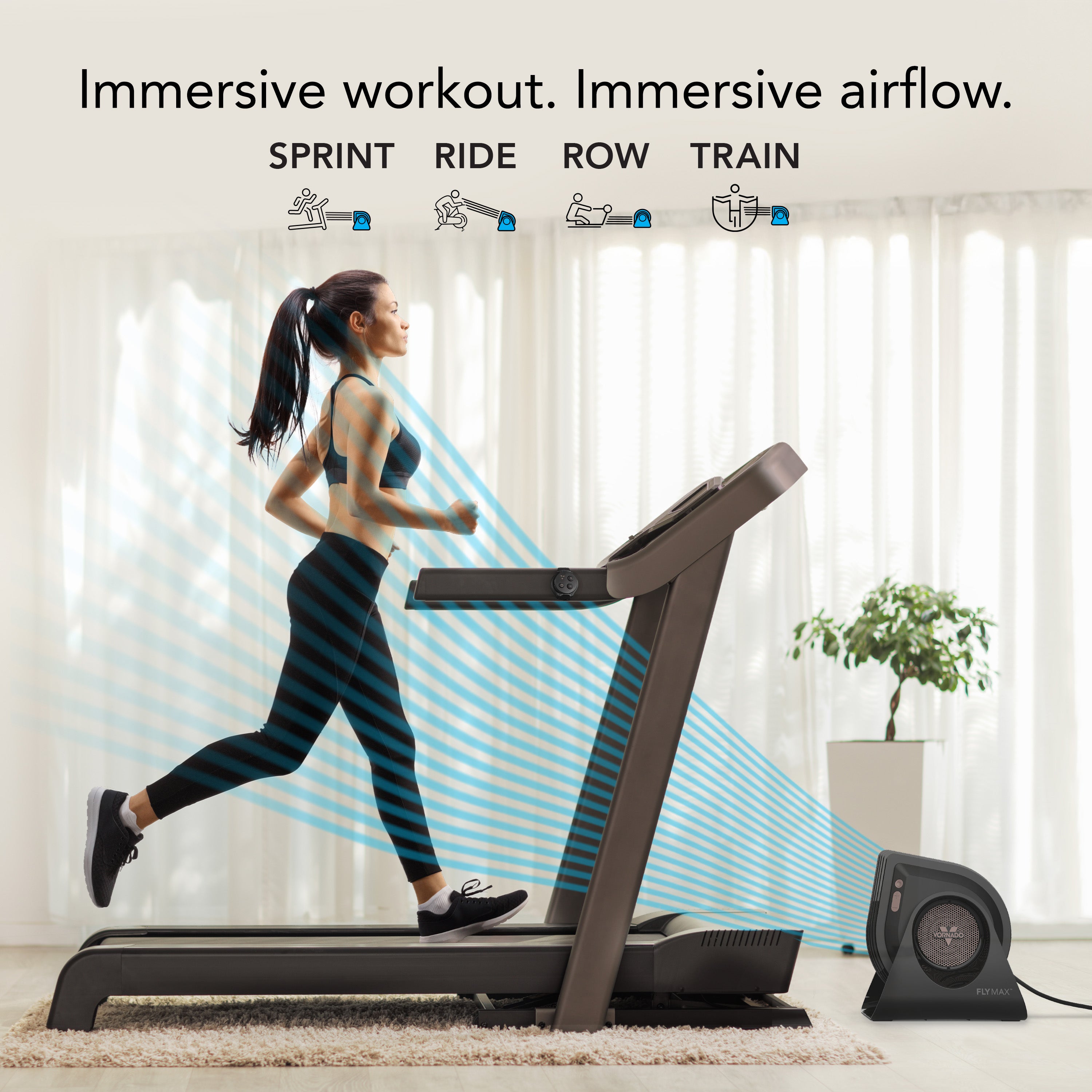 Woman running on a treadmill with immersive airflow technology in a room.