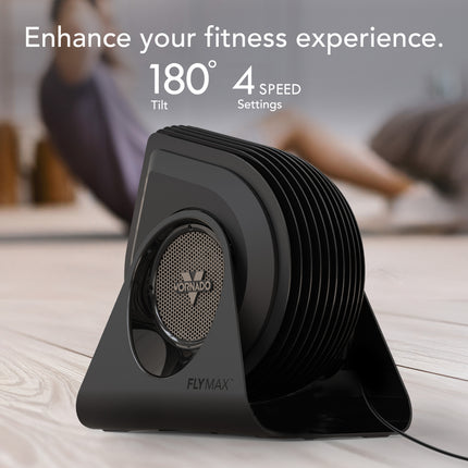 Black fan with text 'Enhance your fitness experience' and product features on a wooden floor.