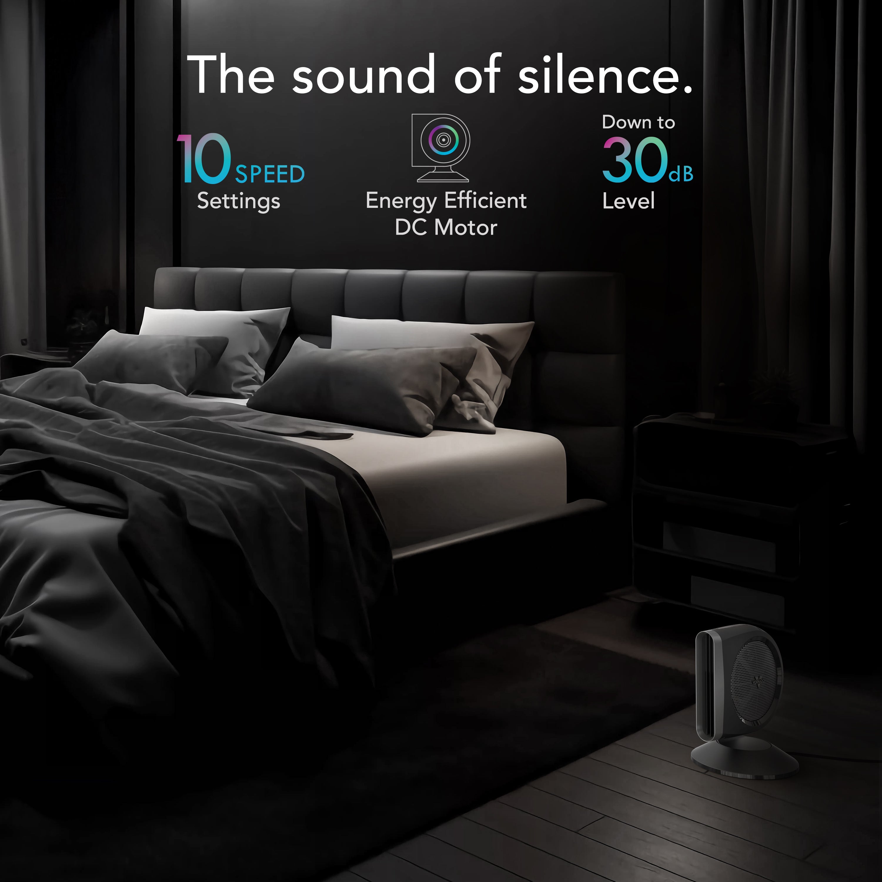 Bedroom with a fan labeled 'The sound of silence' and product features.
