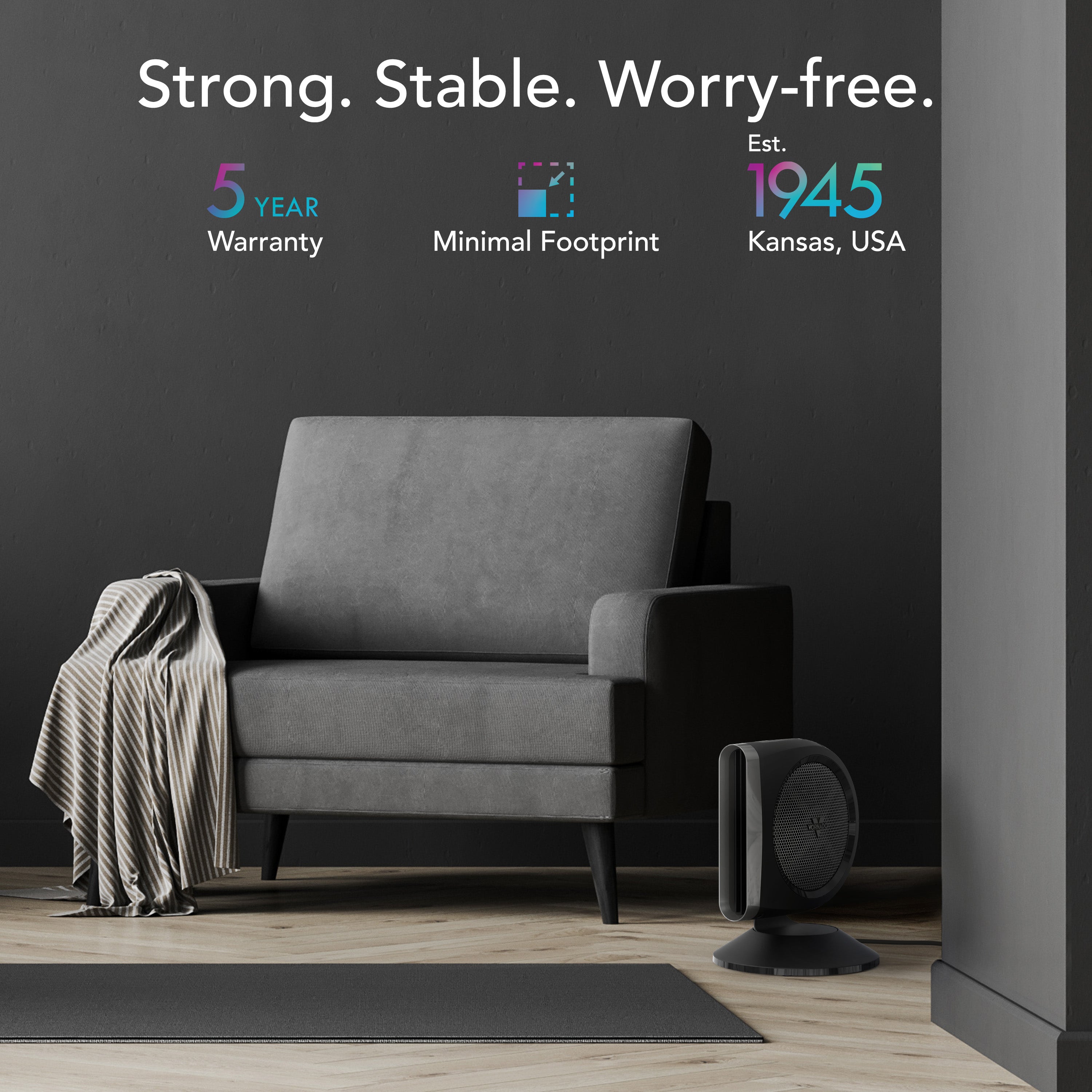 Gray armchair in a room with a dark gray wall featuring text about product attributes.