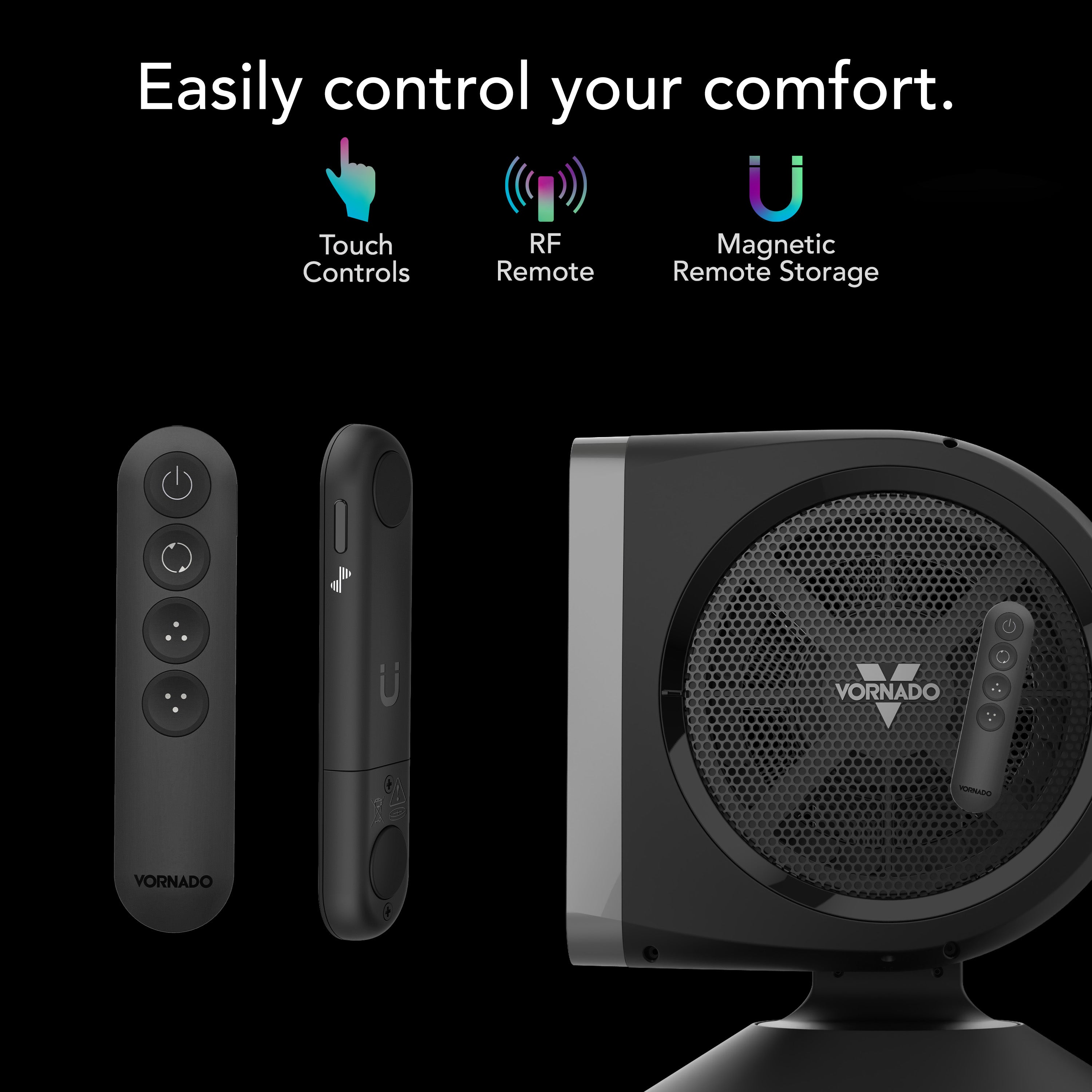 Vornado product with touch control panel, RF remote, and magnetic storage on a black background.