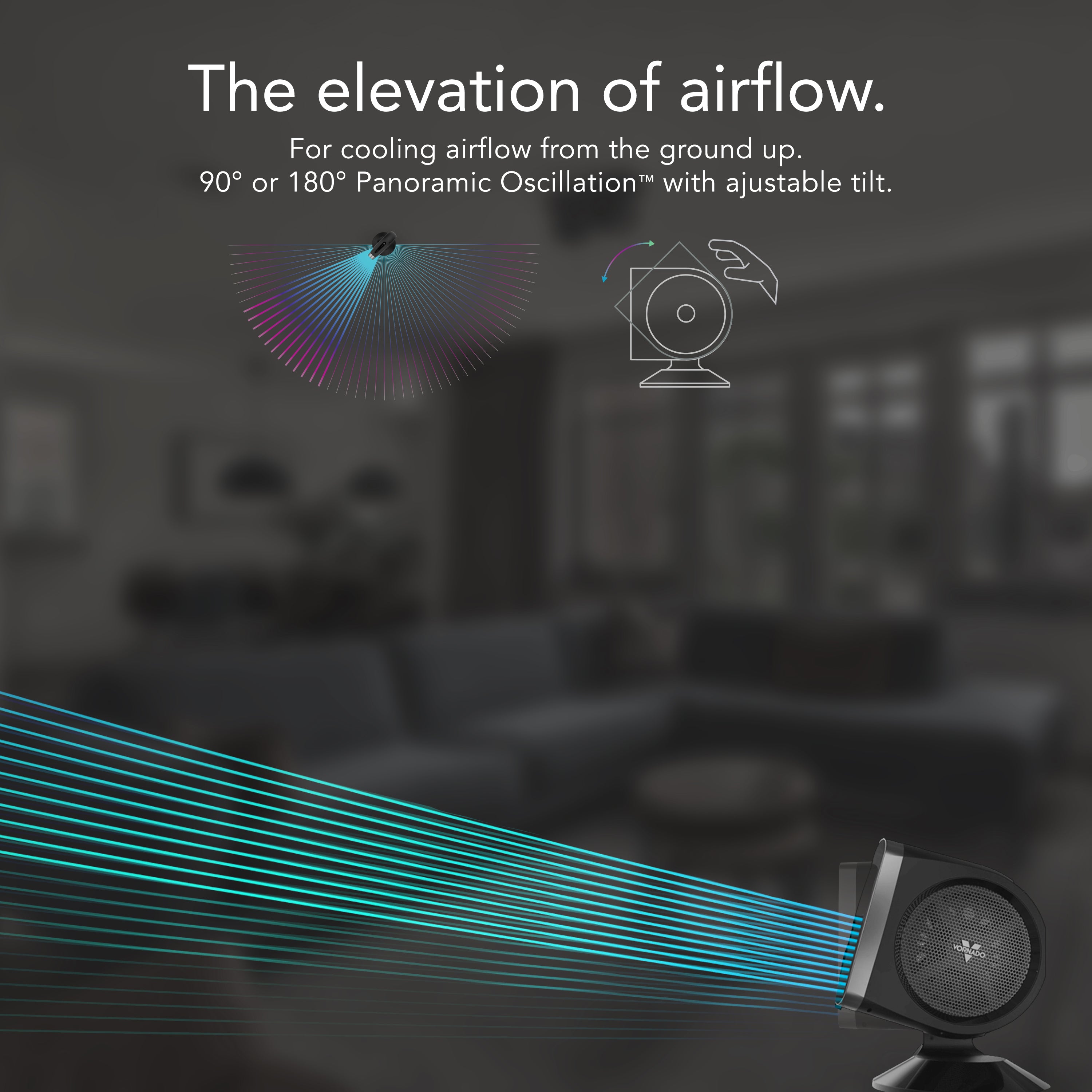 Fan with airflow illustration in a room setting, emphasizing cooling airflow from the ground up.