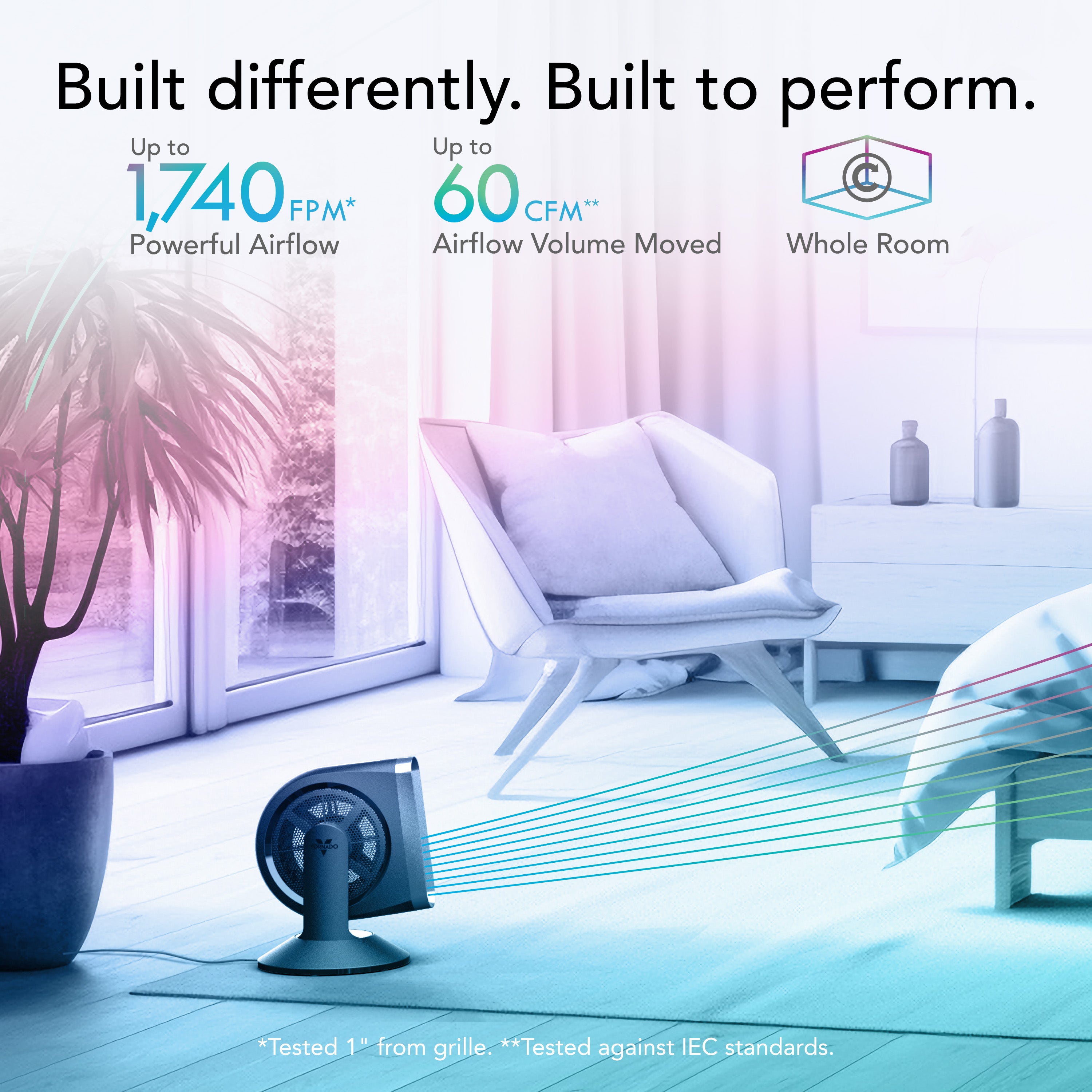 Fan in a room with text highlighting airflow specifications