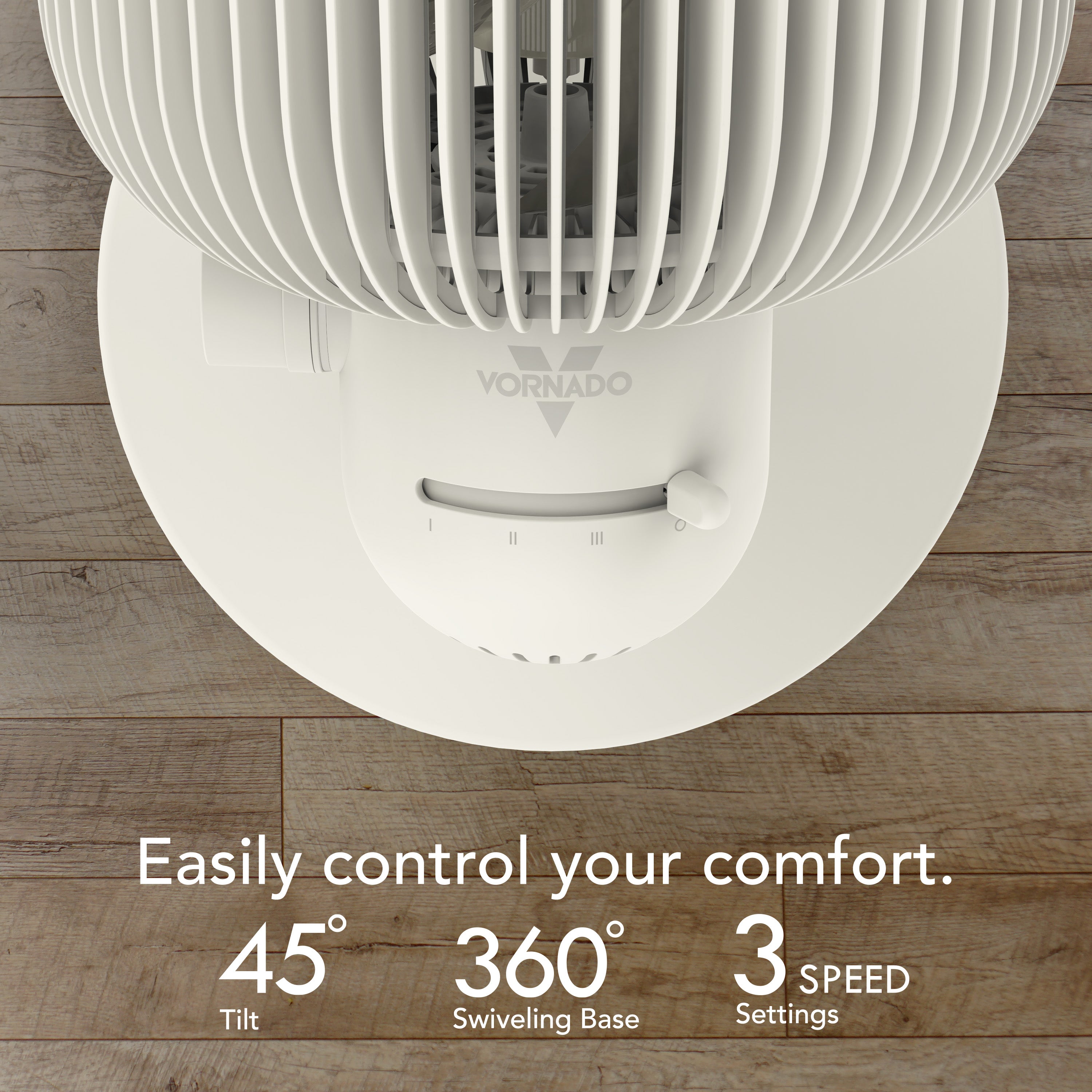 White Vornado fan on a wooden floor with text highlighting features.