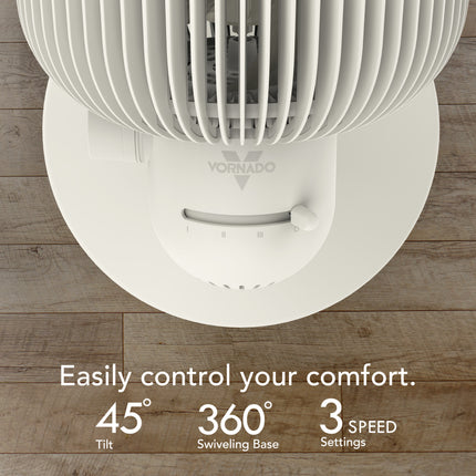 White Vornado fan on a wooden floor with text highlighting features.