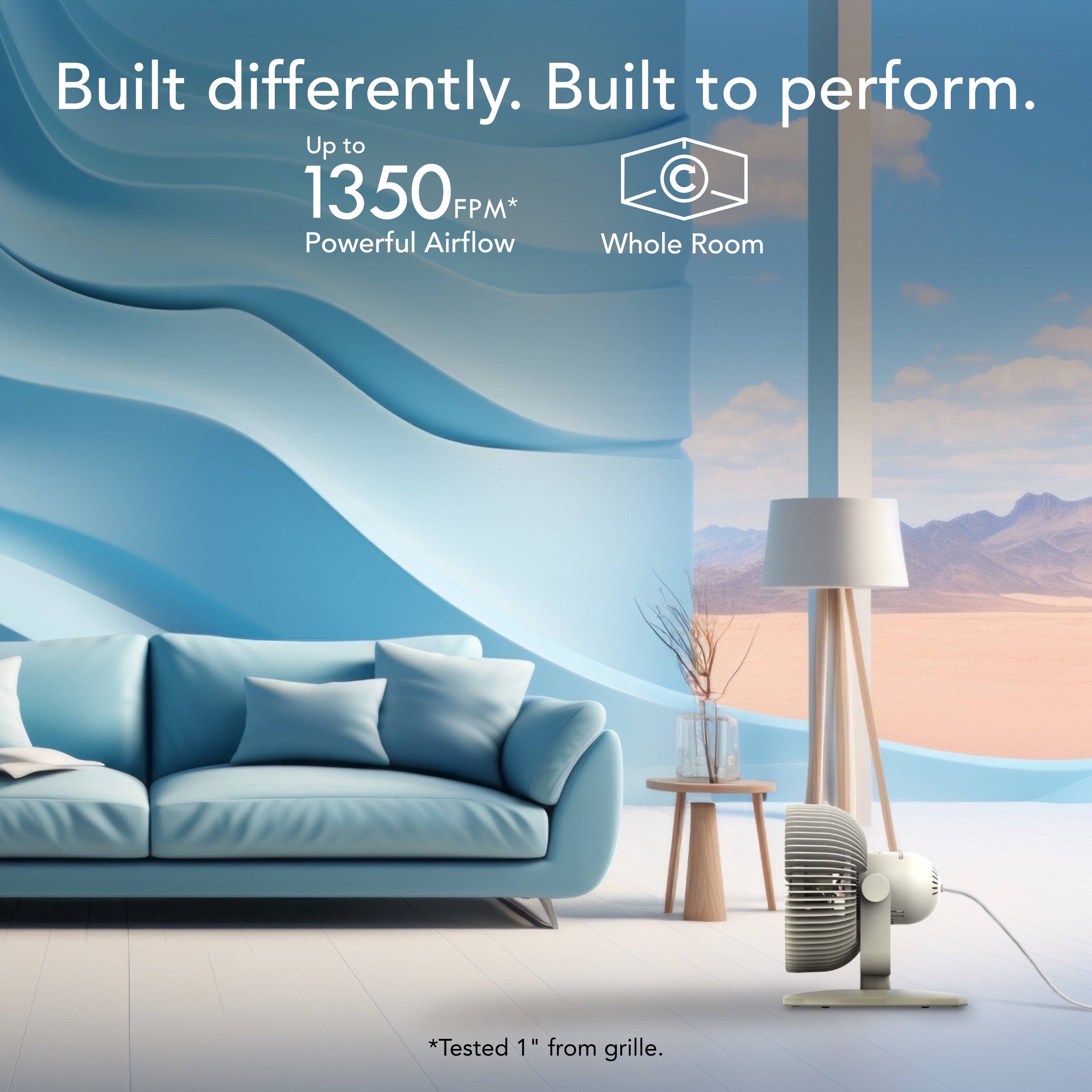Modern living room with a fan and scenic window, featuring text about airflow performance.