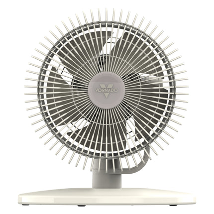 White desk fan with 'Vornado' logo on a white background