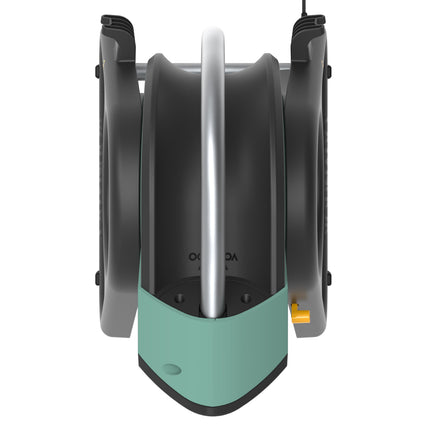 Black and teal fan on a white background