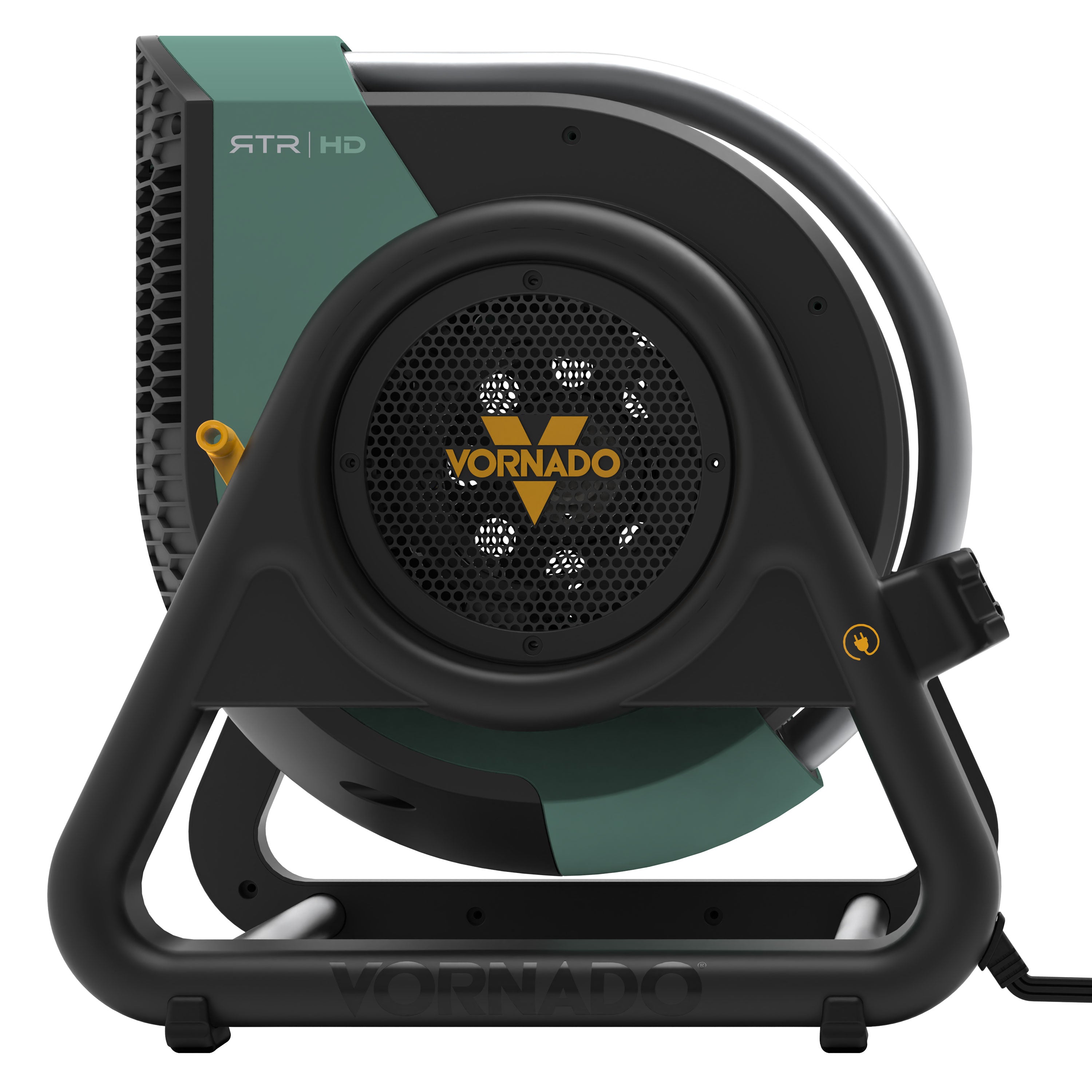 Vornado fan with green and black design on a white background